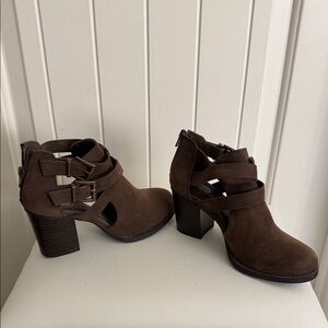 Soda Brown Suede Strappy Cutout Block Heel Booties
